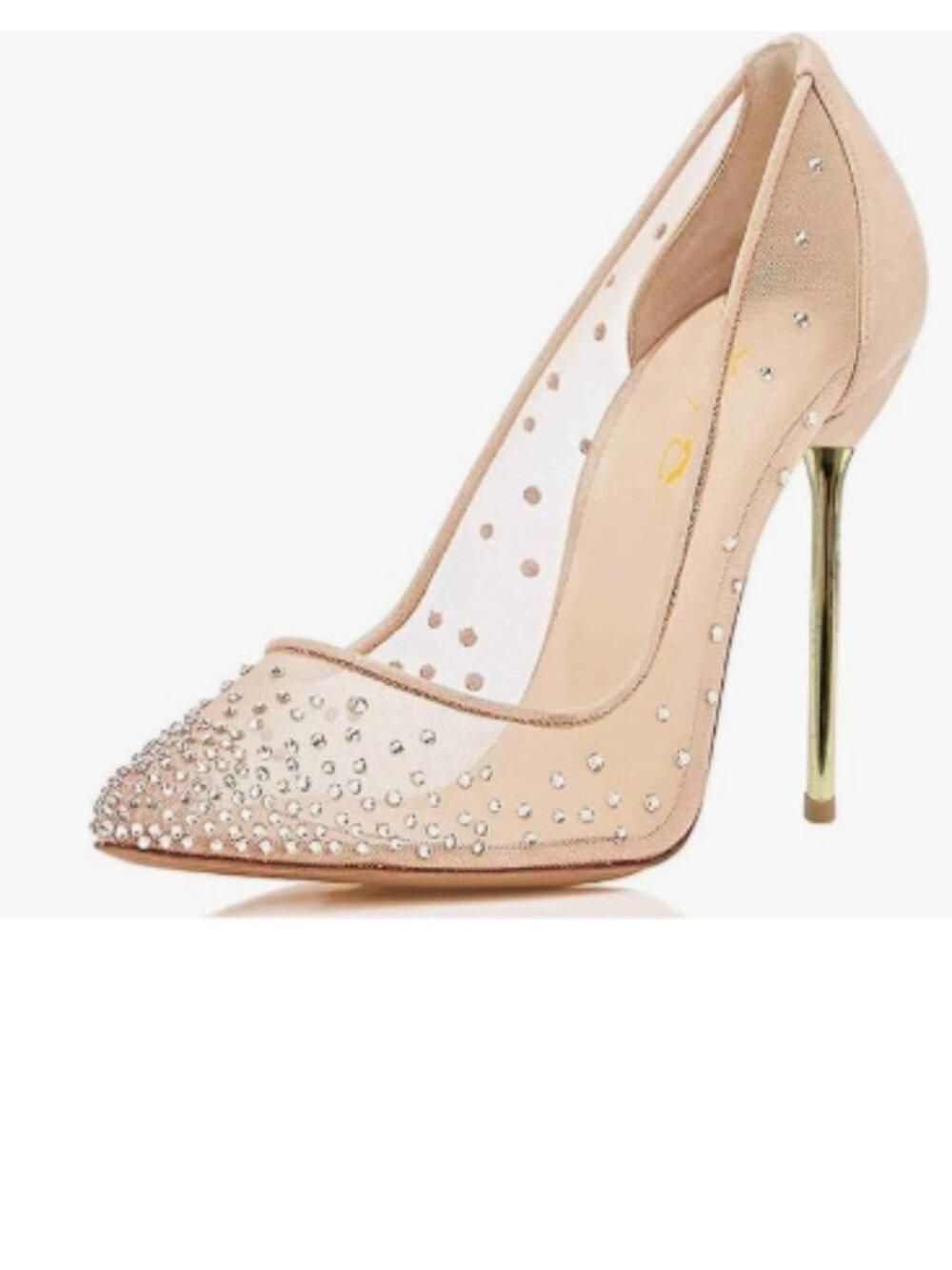 XYD Nude Rhinestones Studded Metal Heels Mesh Pump Slip On Pointed Toe Shoes